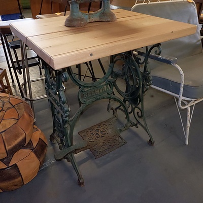 Antique Cast Iron Wertheim Treadle Sewing Machine Base Converted to a Cafe Table with Solid Ash Timber Top