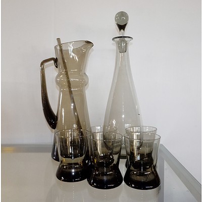 Retro Smoked Glass Cocktail Jug, Swizzle Stick and Five Glasses, and a Lidded Glass Decanter
