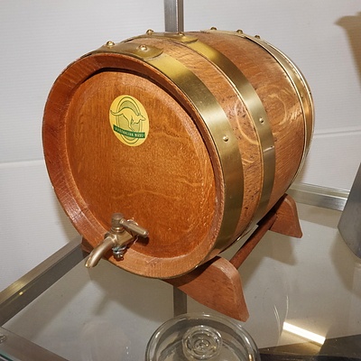Vintage Oak, Brass Bound Port Barrel with Brass Spigot on Stand 