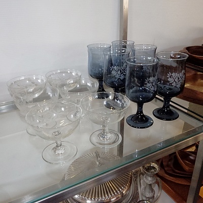 Two Sets of Six Vintage Etched Glasses