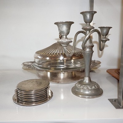 Large Silver Plate Lidded Serving Dish with Glass Insert, Candelabra and Coaster Set