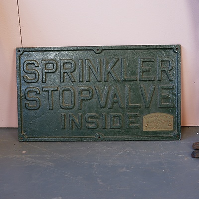 Vintage Wormald Cast Iron ""Sprinkler Stop Valve Inside"" Sign