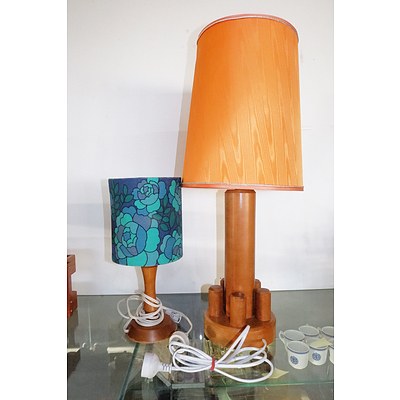 Two Retro Timber Based Lamps with Shades