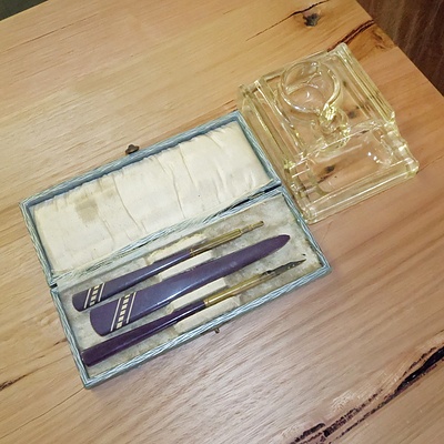 Vintage Boxed Pen and Letter Opener Set and a Glass Desk Ink Well