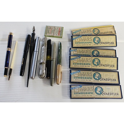 Collection of Vintage Fountain Pens, Nib Holders, and Mechanical Pencil Leads