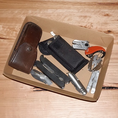 Quantity of Multi Tools, Pocket Knives and a Leather Knife Case