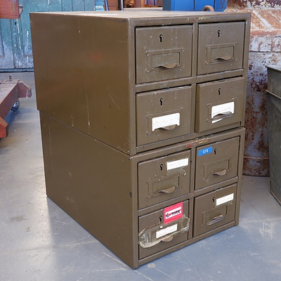 Two Vintage Sets of Four Metal Storage Drawers