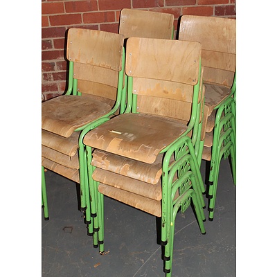 Sixteen Vintage Stackable and Adjoining Steel and Plywood Chairs with Original Green Paint Finish