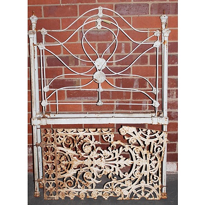 Two Victorian Cast Iron Single Bed Ends and a Decorative Victorian Cast Iron Verandah Panel
