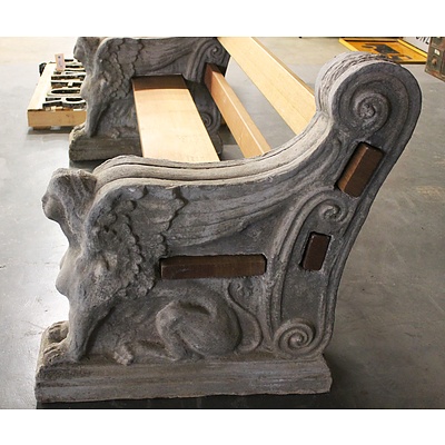 Very Large Garden Bench with Decorative Classical Themed Concrete Ends and Solid Victorian Ash Slats