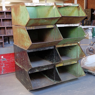 Eight Vintage Industrial Metal Stacking Storage Hoppers