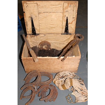 Rustic Timber Box Containing Three Sets of New Horse Shoes, a Farrier's Tool, a Girth and Three Horse Brushes