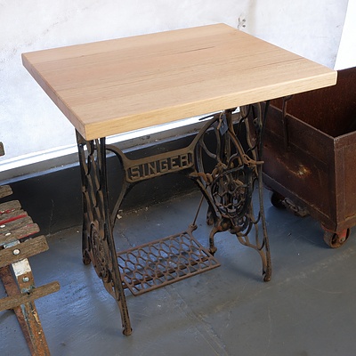 Antique Cast Iron Singer Treadle Sewing Machine Base Coverted to a Cafe Table with Solid Ash Timber Top