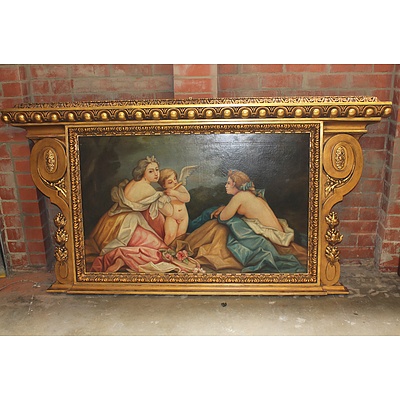 Very Large Antique Oil on Canvas Classical Artwork in Heavily Decorated Gilded Frame