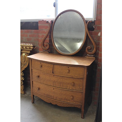 Vintage French Oak Four-Drawer Dressing Chest with Bevelled Oval Mirror
