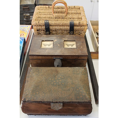 Vintage Pine Sewing Box with Original Fabric Lining, Woven Rattan Sewing Box and a Decorative Timber Storage Box