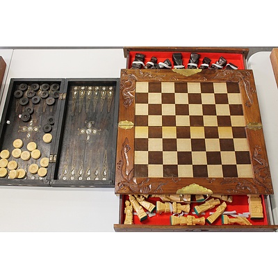 Decorative Brass and Shell Inlaid Backgammon Set and Vintage Oriental Hand Carved Chess Set with Drawers