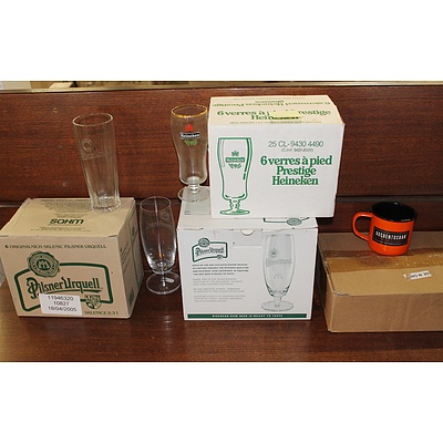 Three Boxed Sets of Six Branded Beer Glasses and a Box of Eight Enamelled Scotch Whisky Mugs