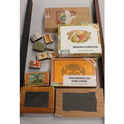 Five Cigar Boxes and Assorted Vintage Matchboxes