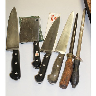 Four Quality Kitchen Knives including Mundial and Two Vintage Sharpening Steels