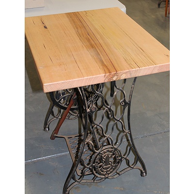 Antique Cast Iron Singer Treadle Sewing Machine Base Converted to a Cafe Table with Solid Ash Timber Top
