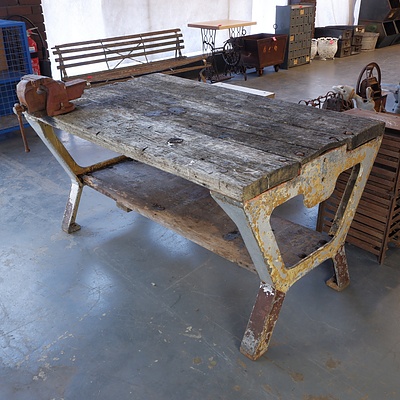 Original NSW Government Railways Workshop Bench with Heavy Cast Iron Ends and Dawn Engineer's Vice