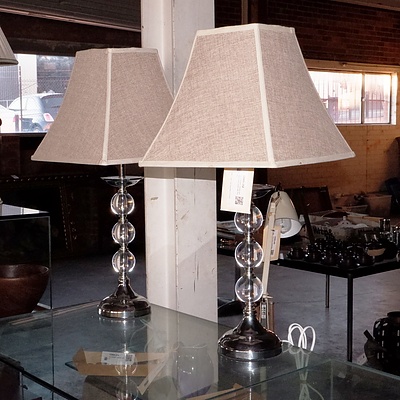 Pair of Modern Chrome and Glass Table Lamps with Shades