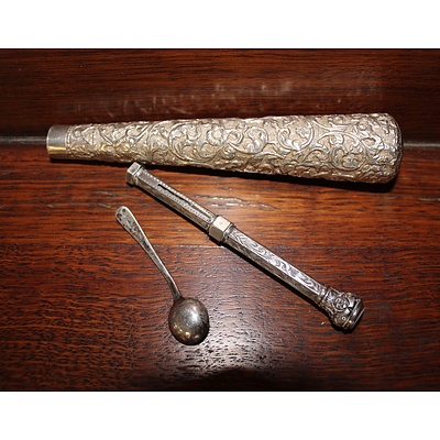 Sterling Silver Salt Spoon, Baton Handle (Indian Silver) and Victorian Silver Propelling Pencil with Uncut Agate Seal Top