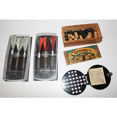 Two Sets of Puma Darts, Vintage Boxed Chessmen and Pocket Solitaire