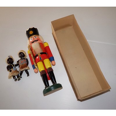 Vintage PGH Seiffener Volkskunst Wooden Guardsman Doll and Two Vintage Indigenous Dolls