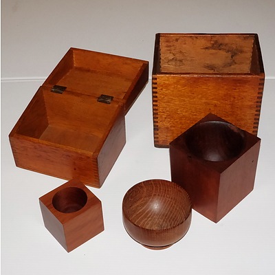 Vintage Oak Document Box, Cedar Storage Box, Two Banker's Coin Boxes and a Small Oak Bowl