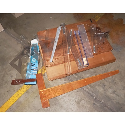 Two Table Top Drafting Boards, Silky Oak T-Square and Assorted Drafting Equipment