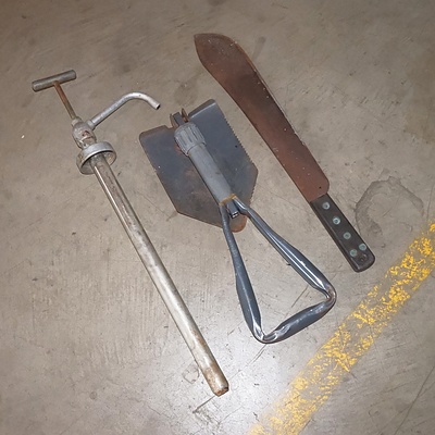 Vintage Machete, Folding Shovel and Drum Pump