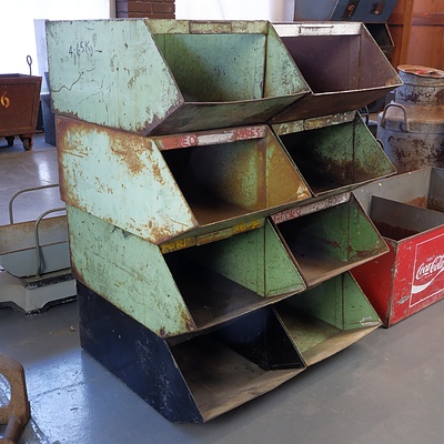 Eight Vintage Industrial Metal Stacking Storage Hoppers