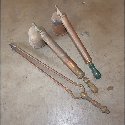 Two Vintage Copper Insect Sprayers and Brass Fire Tongs