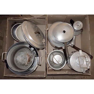 Two Boxes with a Large Collection of Aluminium and Bakelite Kitchenware