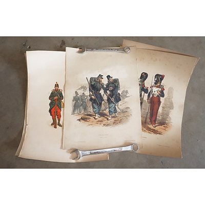 Seven Vintage Coloured Lithograph Prints of Military Uniforms