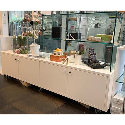 Mobile Four Door Floor Display Unit with 2 Tier RHS Glass Shelves