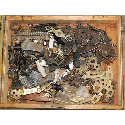 Wooden Tray with a Large Assortment of Vintage Cabinet Hardware