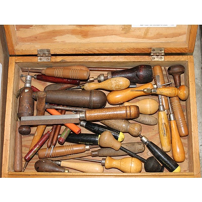 Timber Box with a Large Selection of Small Wooden Handled Hand Tools