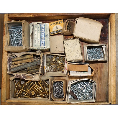 Wooden Tray with a Collection of Vintage Cabinet Makers Screws and Fittings