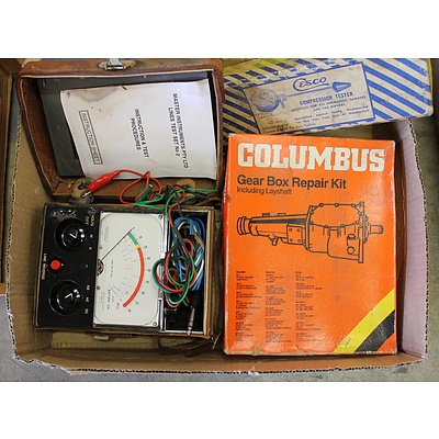 Vintage Columbus Gearbox Repair Kit, Cesco Compression Tester and Voltmeter in Leather Case