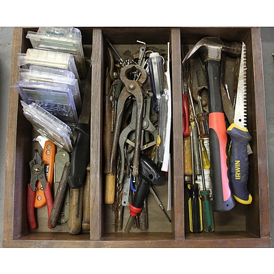 Divided Wooden Tray with Assorted Hand Tools and Hardware