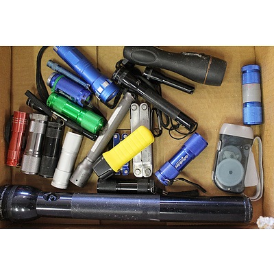 Maglite Torch and Large Quantity of Small Torches and Two Multi-Tools