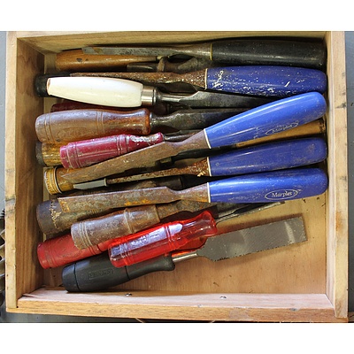 Wooden Tray with a Collection of Vintage Chisels including Marples