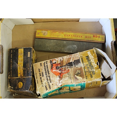 Vintage Wolfcraft Doweling Jib, Boxed Wood Screw Box and Tap and Two Cased Vintage Expanding Bits