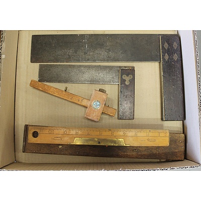 Two Vintage Cabinetmakers Squares, Timber Cased Levelling Rule and a Wooden Marking Gauge