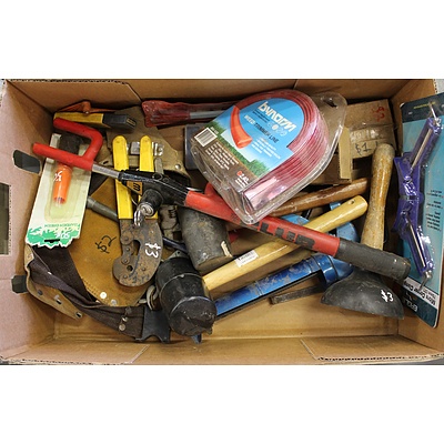 Box of Assorted Tools, Hardware and Sundries