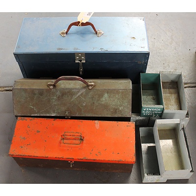 Three Metal Tool Boxes and Eight Small Metal Storage Trays