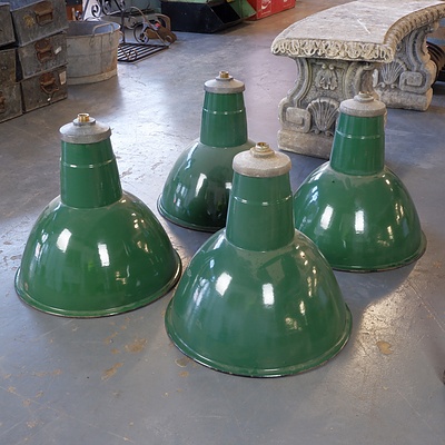 Four Vintage Green Enamel Industrial Light Shades